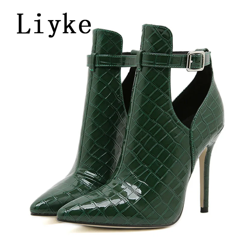 Liyke primavera otoño botines de mujer Sexy estampado de serpiente verde puntiagudos baile en barra tacones altos moda hebilla Correa zapato Chelsea