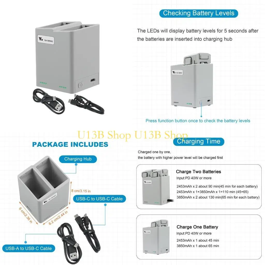 U13B Two Way Charging Hub for Mini 3 Battery Maximum 2 Battery Same for Ti