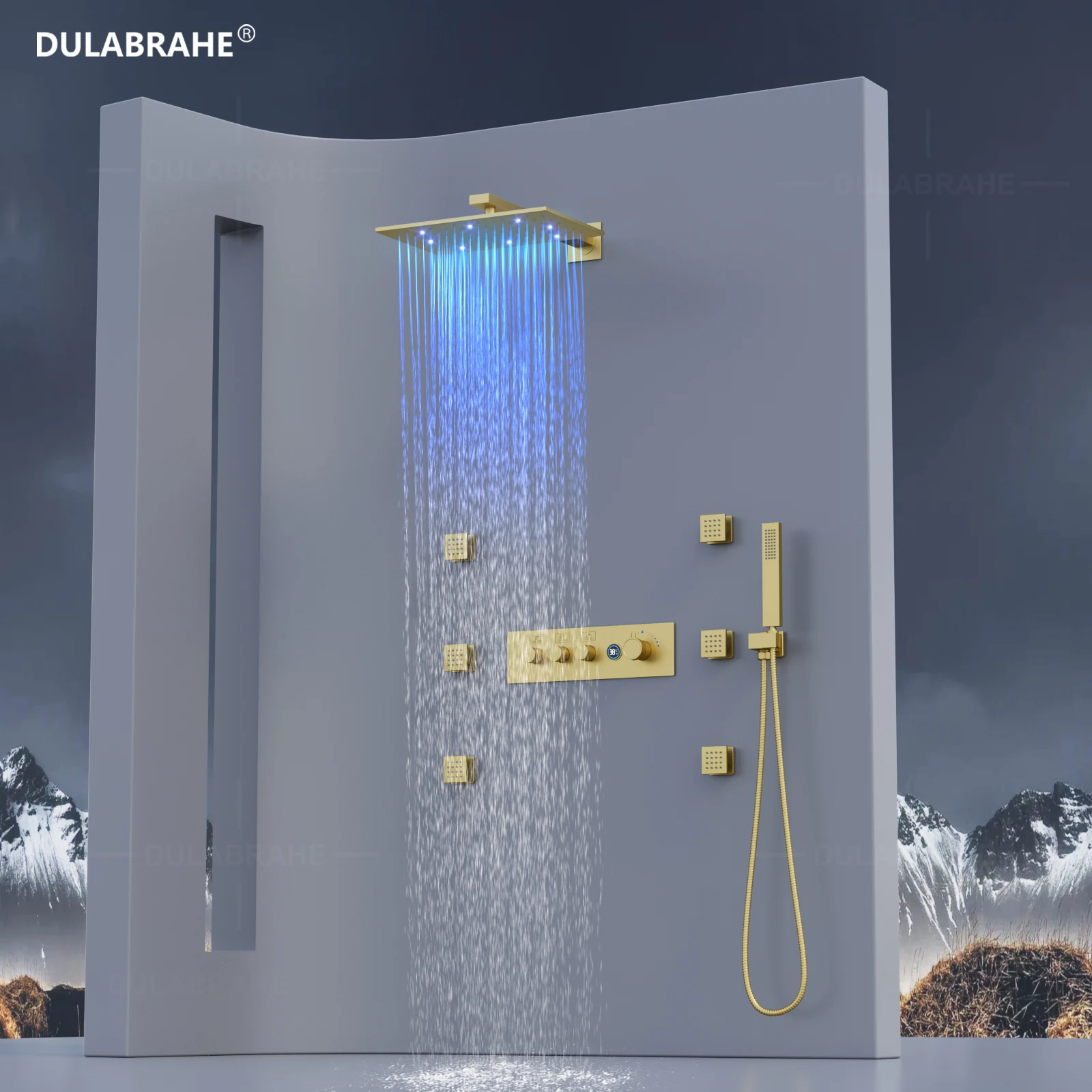 Thermostatic Digital Shower Faucet Set Rainfall Concealed Shower System Wall Mounted LED Shower Head 280*180mm