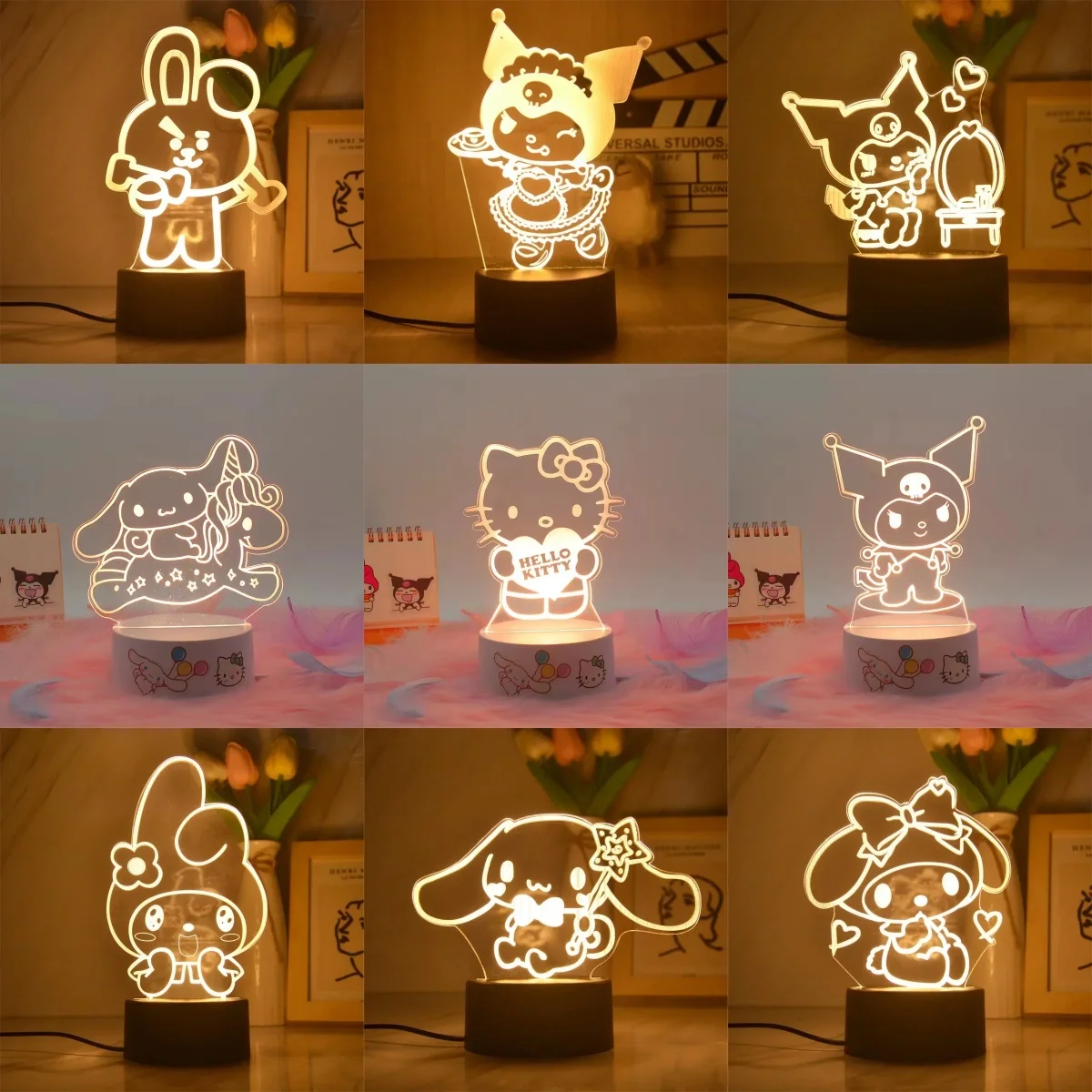 Cinnamoroll My Melody Hello Kitty Action Figure 3D LED Night Kawali Kuromi Light Figure Toys Table Lamp Birthday Gifts