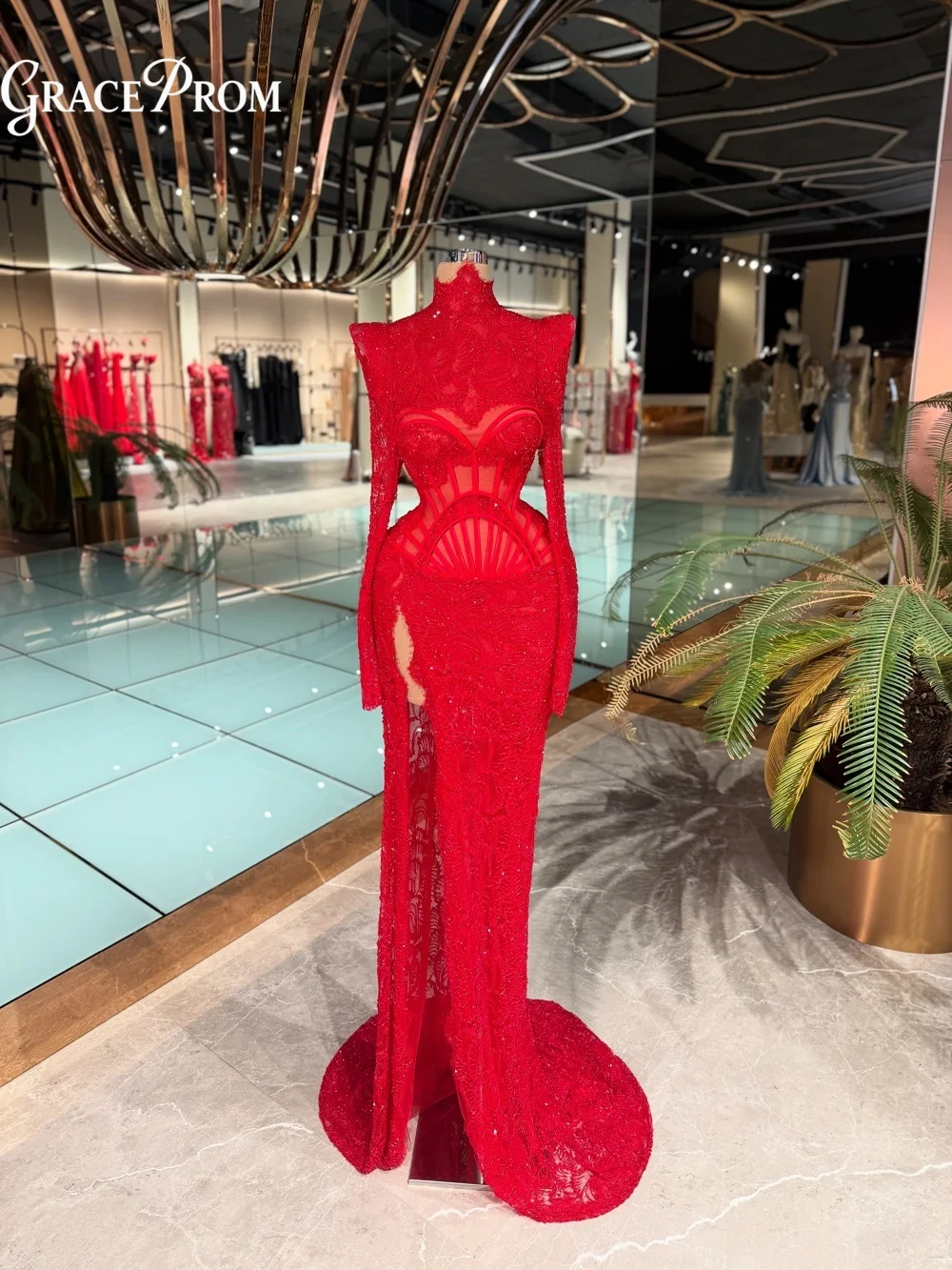 

Glamorous Red High Neck Mermaid Evening Gown 2026 with Sheer Corset Lace Details and Long Sleeve Party Dress for Wedding Guests