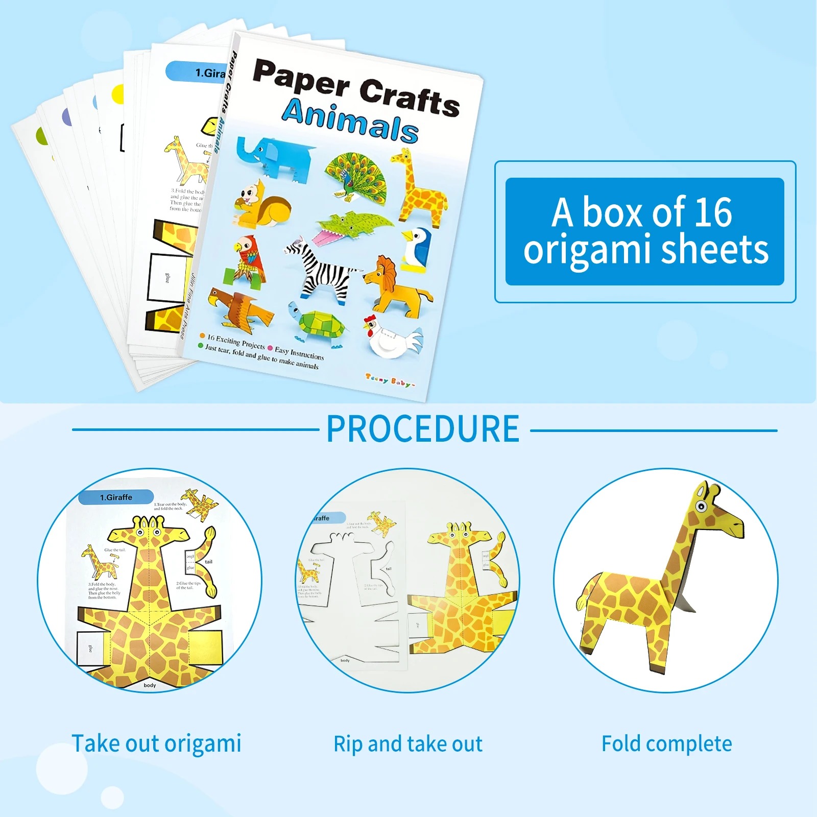 1 Box of 16 Sheet Origami Crafts, Ages 5-8, Cute Animal, Tutorial English Included, Enhance Hands-On & Intelligence, Kids' Gift