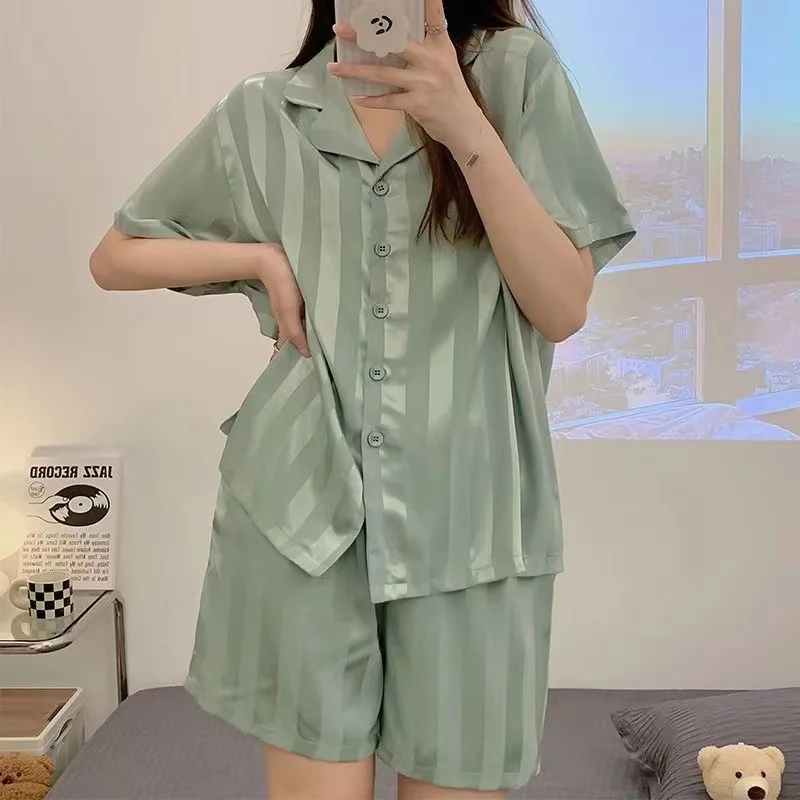 

Pajama for Women Ice Silk Pajamas Ladies Set Short-Sleeved Cardigan Lapel Home Wear Striped Nightwear Women Sleepwear 2PCS/Set