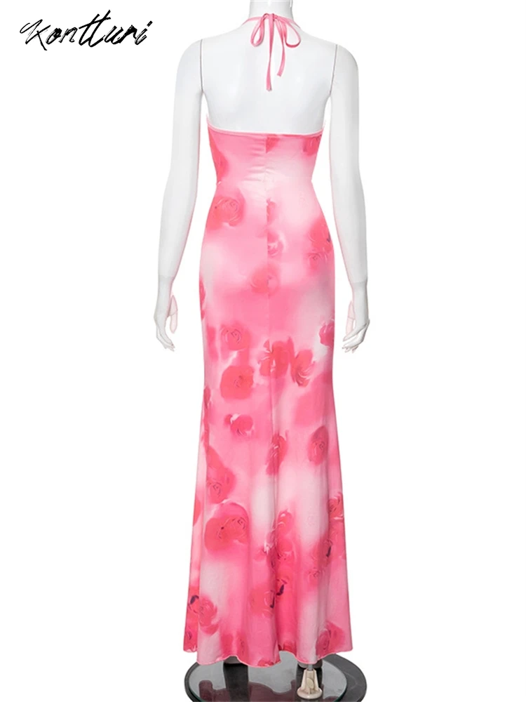 Kontturi-Vestidos sexy sem costas com estampa floral feminina, bandagem halter, vestido de noite com gola V, vestido rosa maxi, verão, 2024