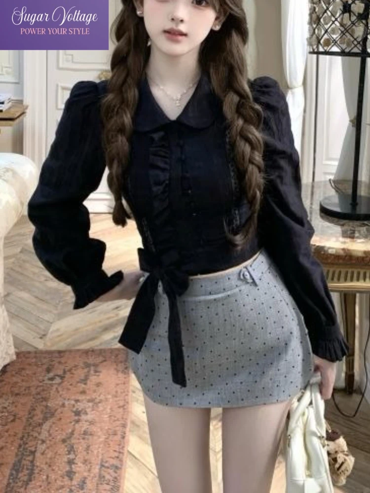 

2025 French Elegant Pure Desire Style 2 Piece Set Women Black Slim Fit Top High Waist Polka Dot Short Skirt Outfit Fashion Chic