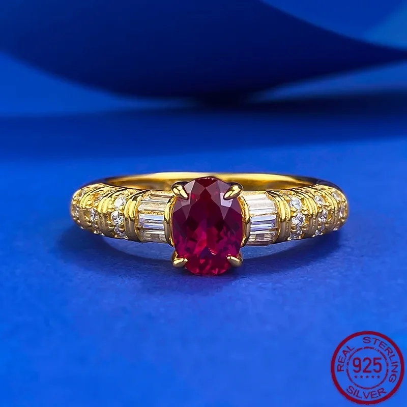 New S925 sterling silver imperial oval pigeon blood red pigeon egg ring fashionable, simple and versatile wedding jewelry