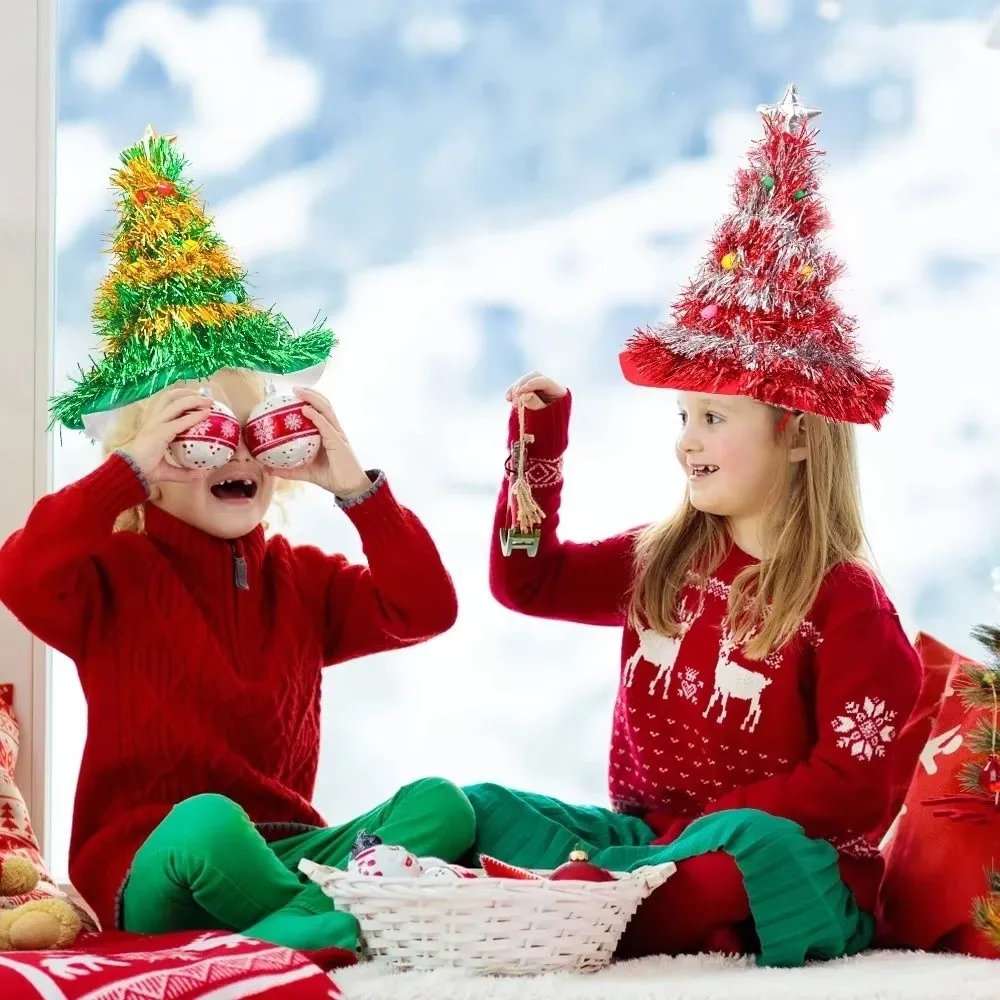 Shiny Tinsel Colorful Poms Christmas Tree Hat Festival Party Supplies Role-Playing Christmas Themed Hats Headwear New Year Gifts