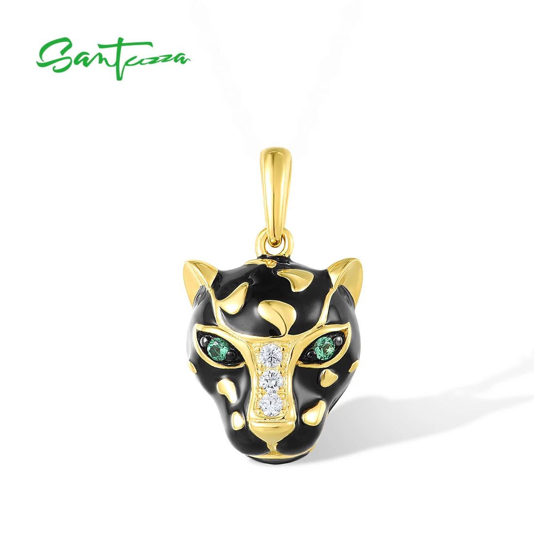 SANTUZZA  Authentic 925 Sterling Silver Black Leopard Pendant for Women Green Spinel White CZ Animal Edgy Fine Jewelry Enamel