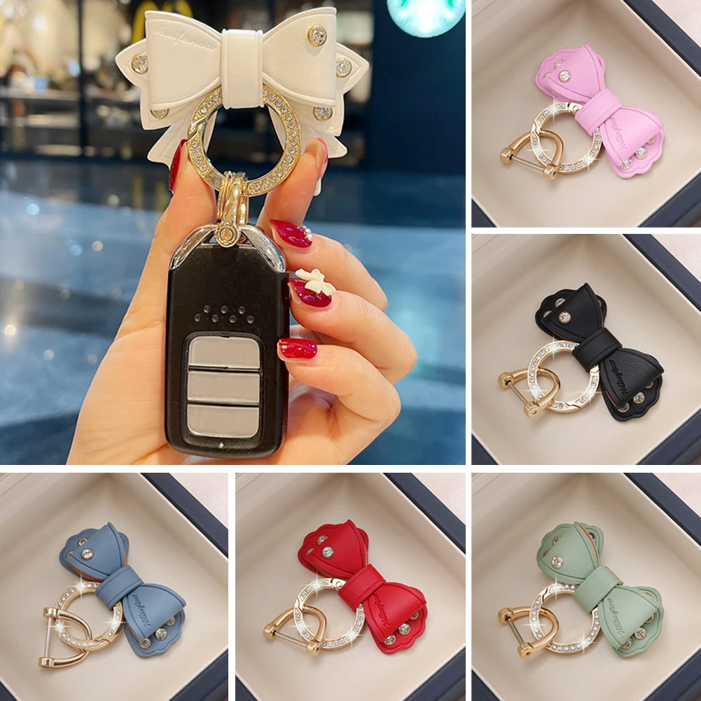 Car Keyring Gold Rhinestone Metal Ring Leather Bow Cute Keychain Accessories for Women Men Llaveros De Motos Moto Car Key Holder