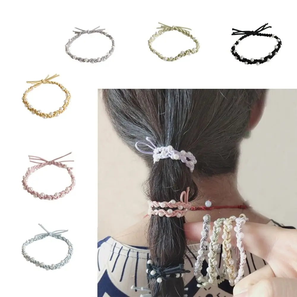 Non-slip Headwear Elastic Handmade Hair Styling Accessory Women Pearl Hair Rope Korean Style Hair Loop Woven Rubber Band