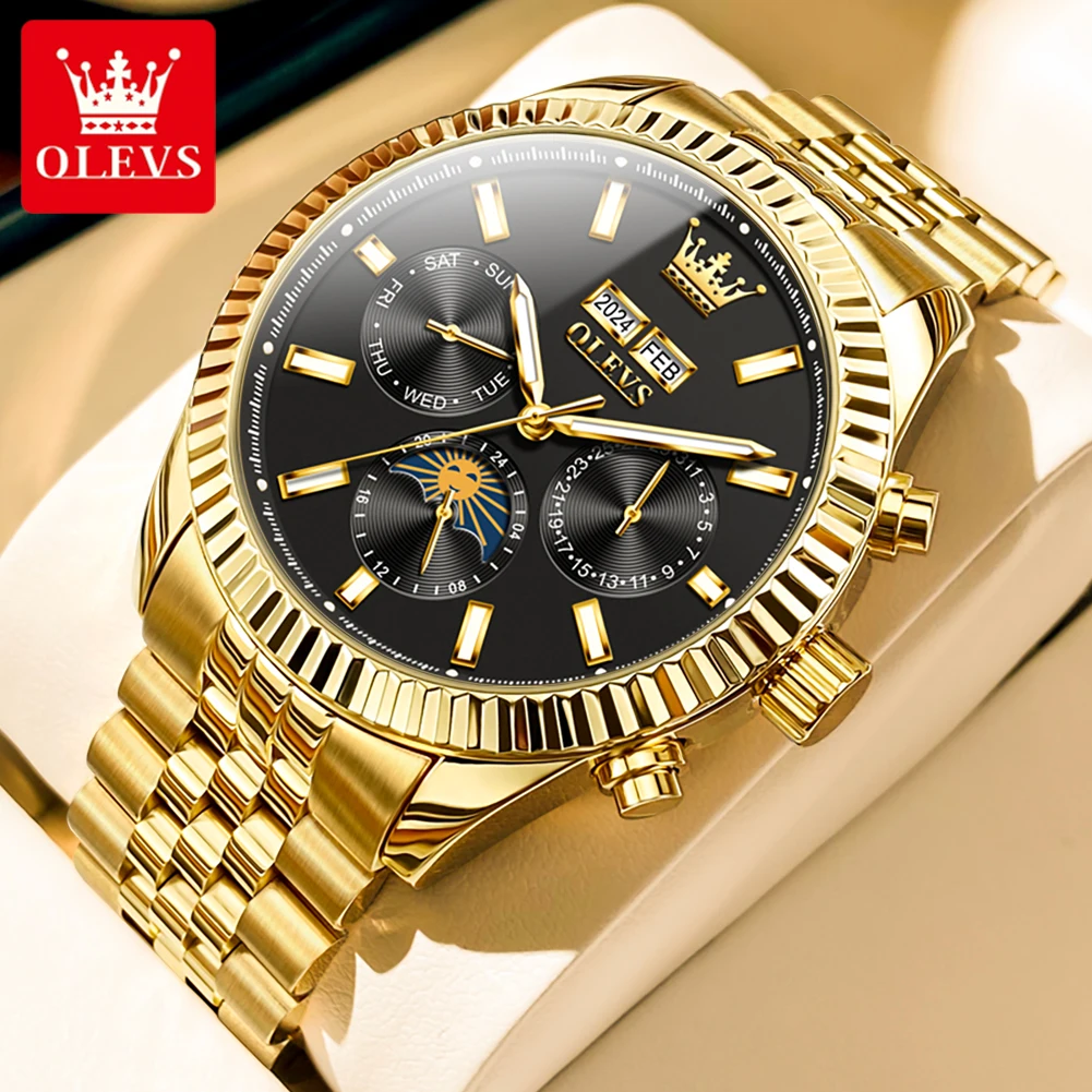 

Мужские автоматические механические часы OLEVS 6688: модные, с фазами Луны, двойным календарем, водонепроницаемые, светящиеся, люксовые, деловые