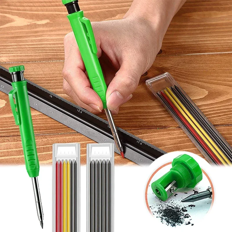 Solid Carpenter Pencil Set Built-in Sharpener Mechanical Pencil Marking Tool Kit with 6 Refill Leads for Woodworking Architect