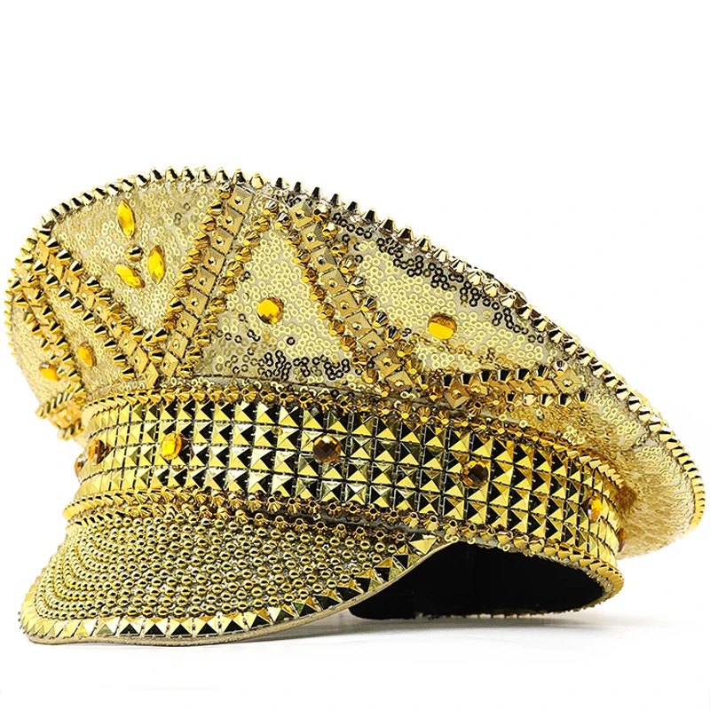 Women Gold Sequin Burning Bride Military Hat Luxury Bridal Captain Sergeant Hat Octagonal Rhinestone Festival Birthday Part Hat