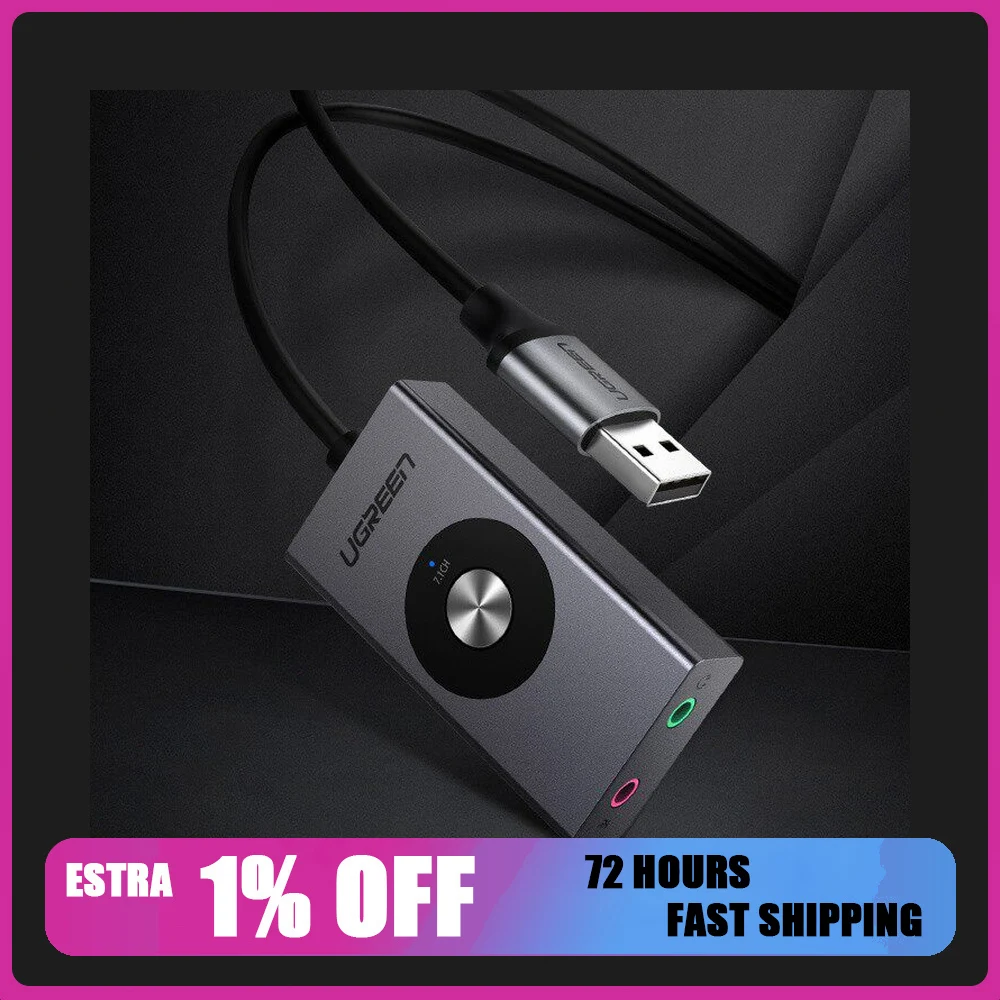 UGREEN 50711 USB 7.1 External Sound Card 1m USB to 3.5mm Audio Adapter with Microphone and Headphone Ports for PC Laptop