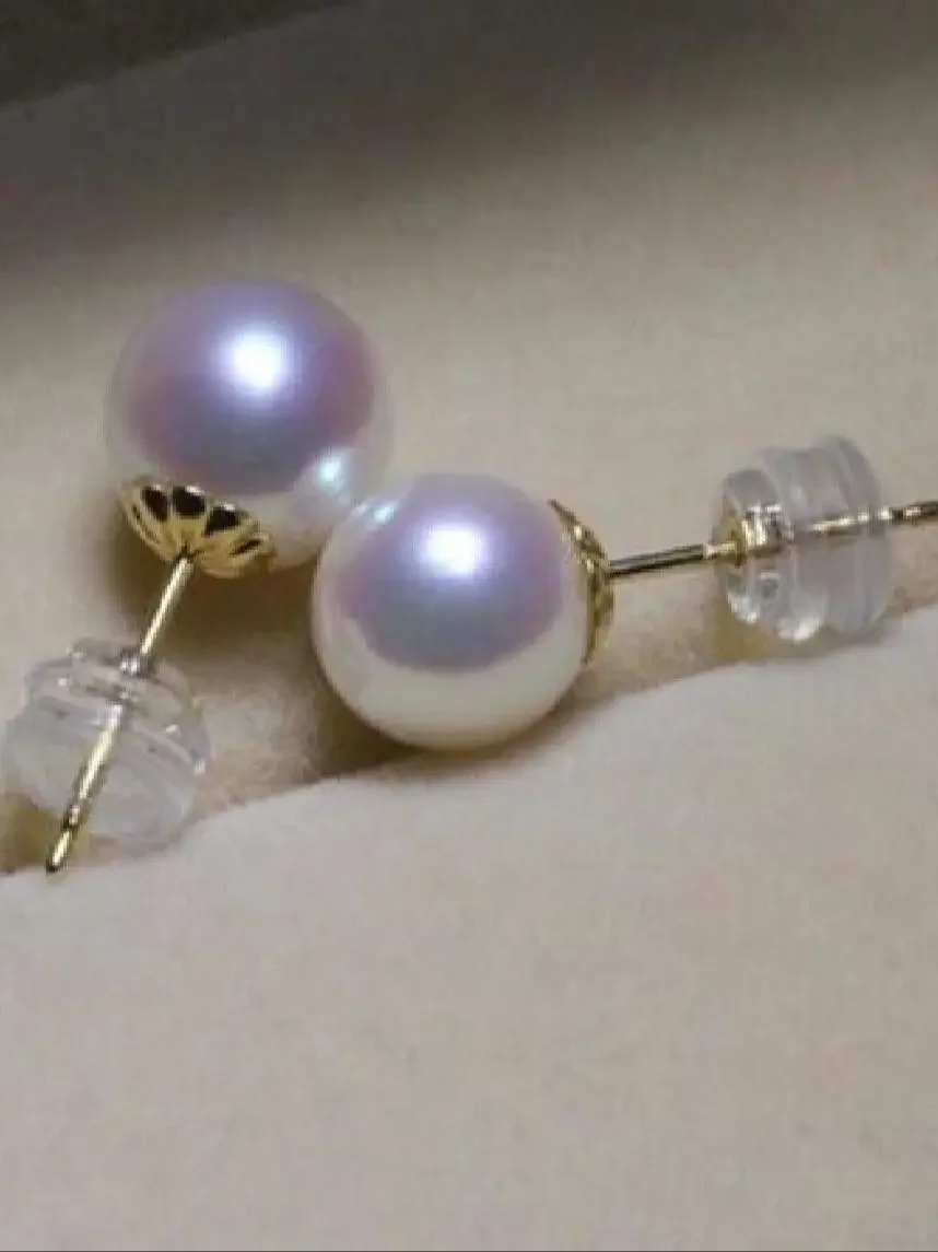 

Top AAAA 8-8.5mm real natural Japanese Akoya white round pearl earrings 18k gold