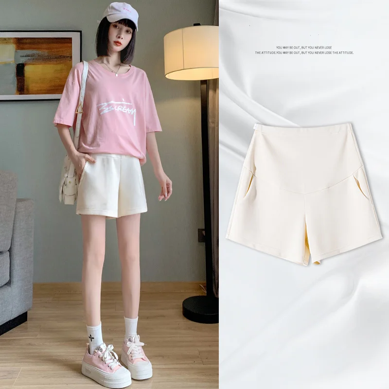 

Summer Fashion Pregnant Women Shorts Thin Outer Wear Cotton's Abdomen Trousers with Pockets Solid Color Maternity Wide Leg Pants