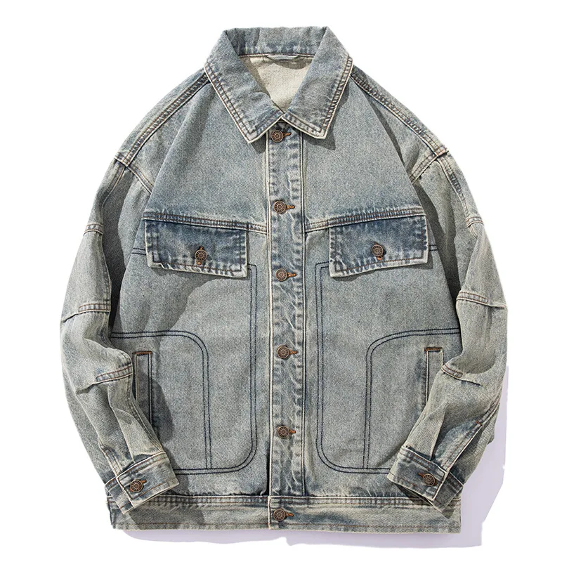 

Men's Vintage Cargo Jeans Jacket With Pockets Fashion Washed Retro Denim Coat Outerwear For Male Solid Color Size M-4XL