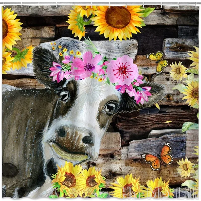 Watercolor Cow Shower Curtain By Ho Me Lili Rustic Sunflower Farmhouse Western Wooden Board Milk  Head Flower Decor Quick Drying