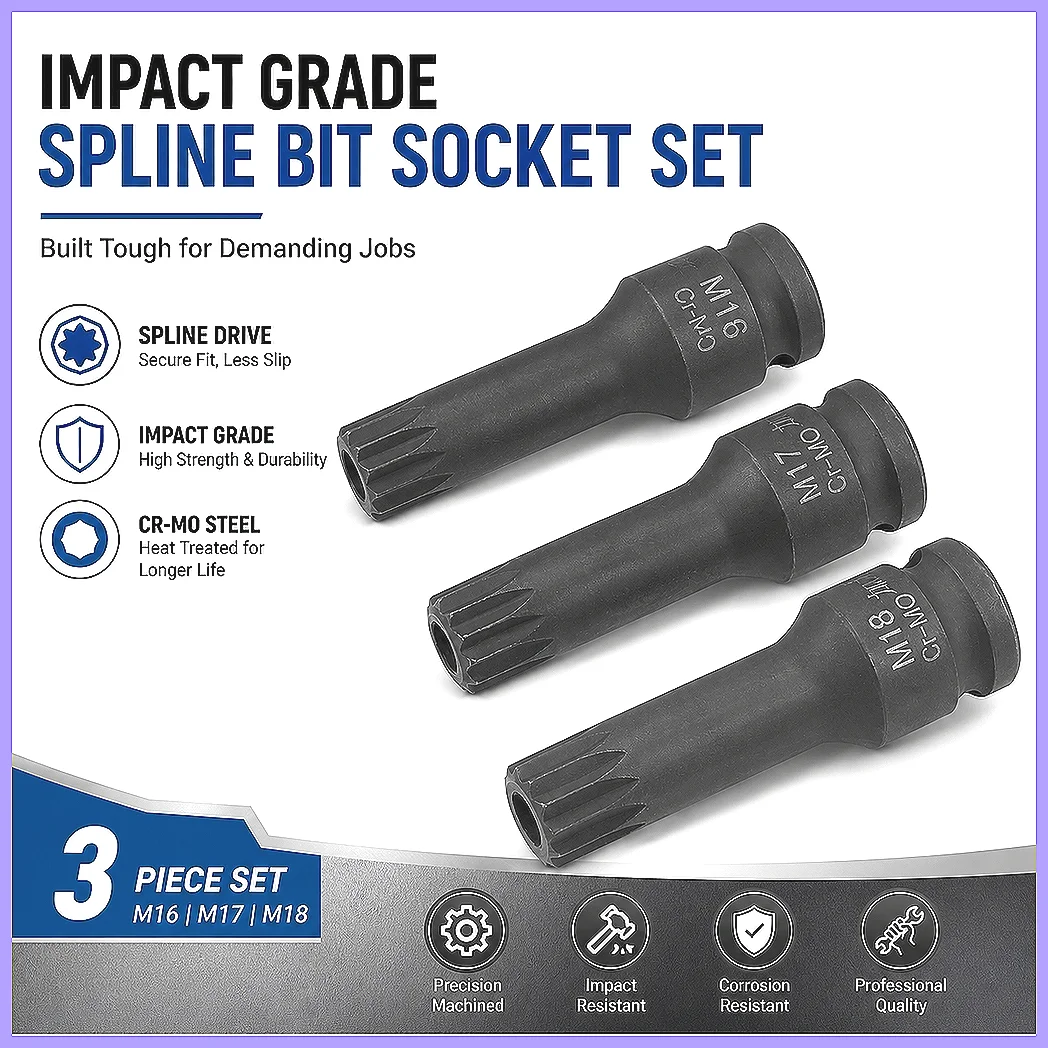 1/2" Drive M16 M17 M18 Impact Socket Set Cr-Mo Steel 78mm Length with Hole for Auto Repair DIY Hand Tool