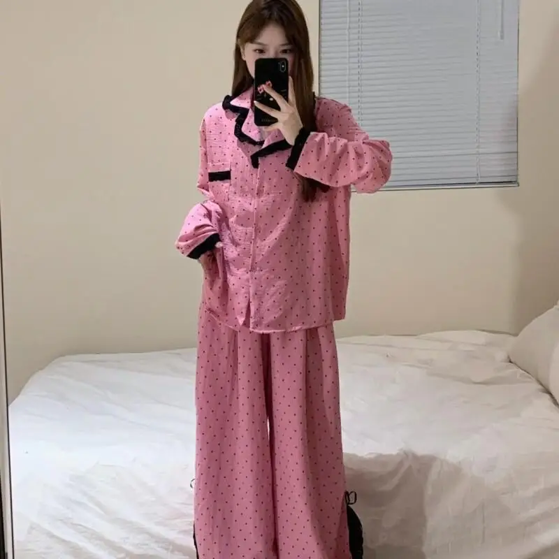 새로운 달콤한 물방울 무늬 레이스 디자인 니치 한국 홈 슈트 세트 파자마 소녀 스타일 긴 소매 잠옷 여성 봄 가을