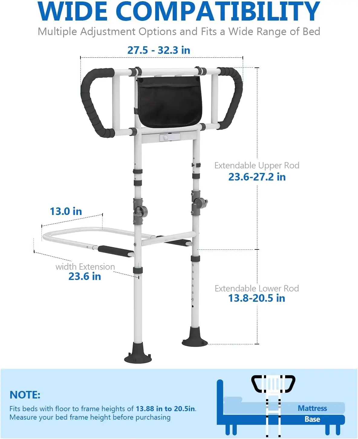 Bed Rails for Elderly Adults Seniors Adjustable Height Foldable Safety Rail with 400 Lbs Capacity Non-Slip Handle, Night Light, Fall Prevention Grab Bar for King Queen Full Twin Beds White