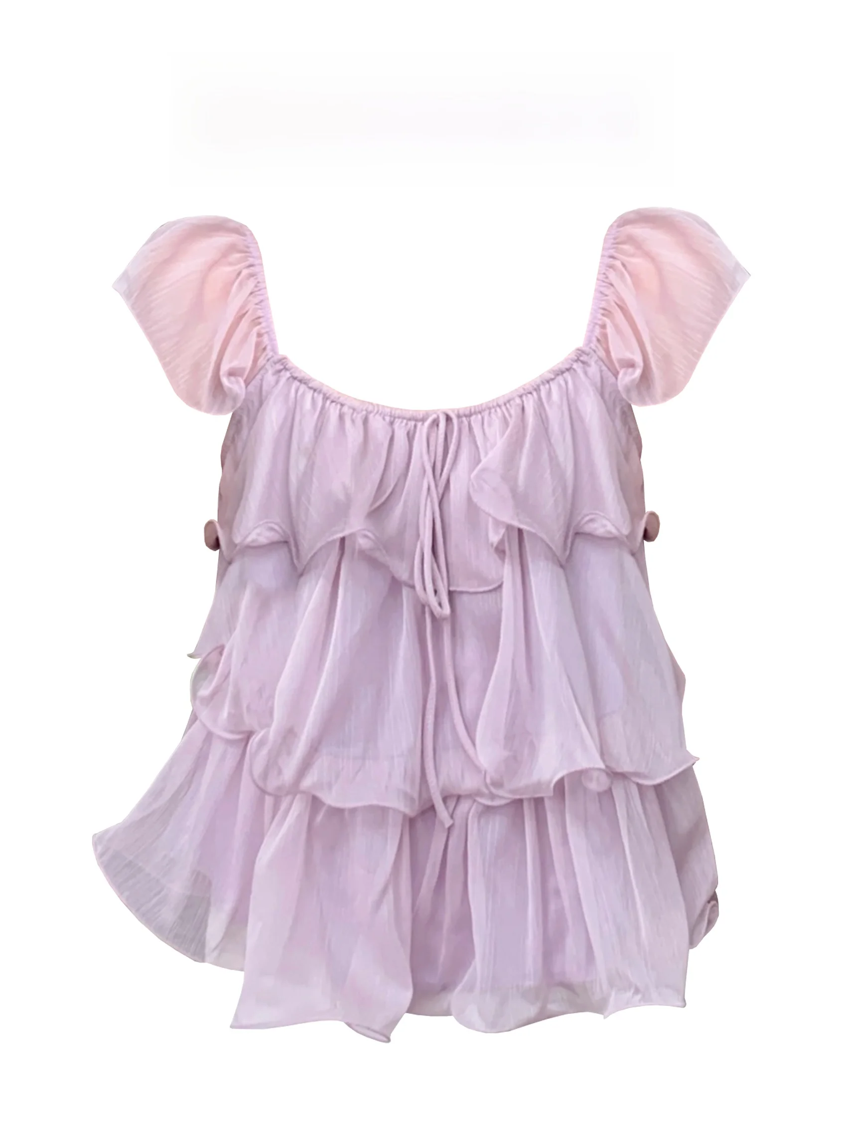 

Sweet Style Short Length Frock Shirt Women's Slim Fit Blouse with Ruffle Sleeves And Bow Design Chiffon Material Anti-Aging