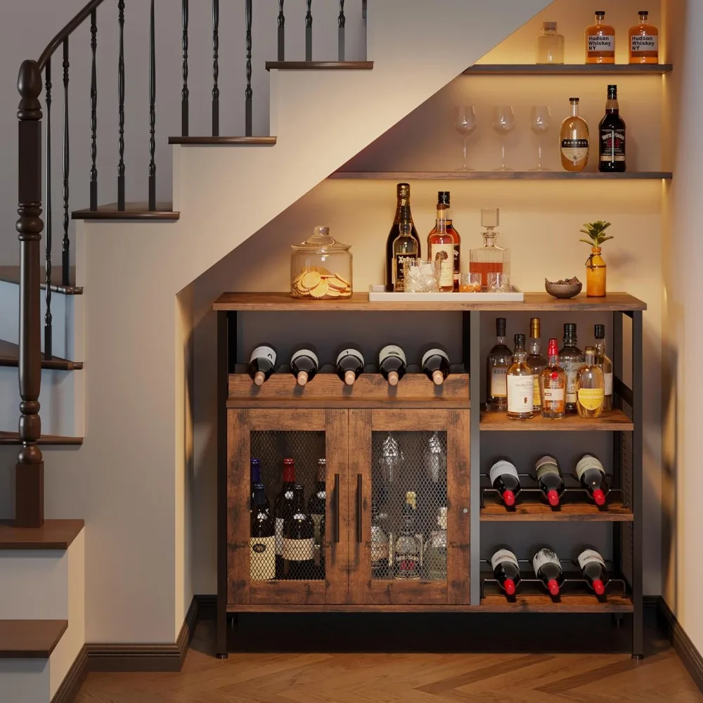 

Wine Bar Cabinet with Detachable Wine Rack, Coffee Bar Cabinet with Glass Holder, Small Sideboard and with Mesh Door Cabinet