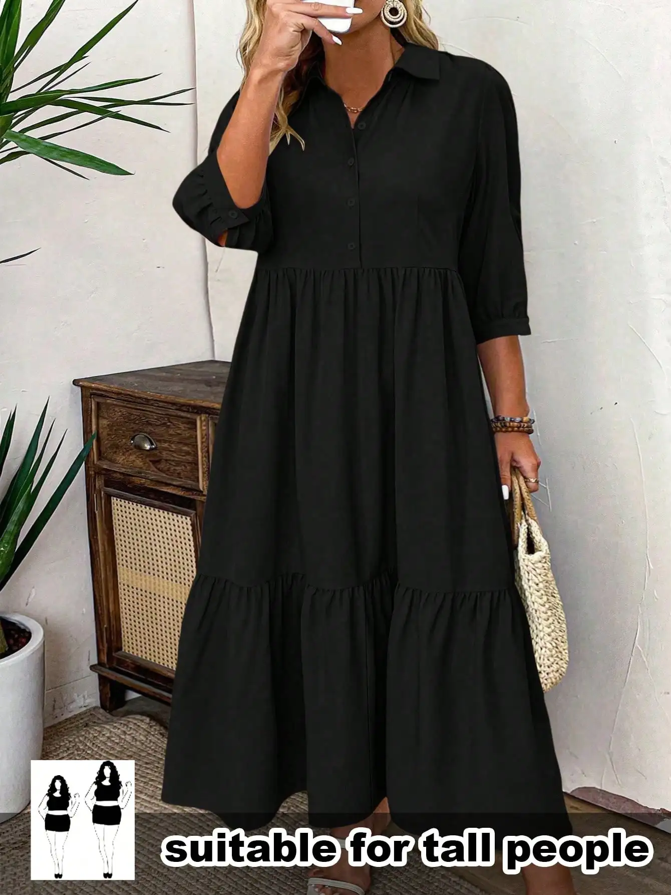 

Черное платье миди с рюшами и пуговицами спереди для высоких женщин, повседневное, свободного кроя, больших размеров