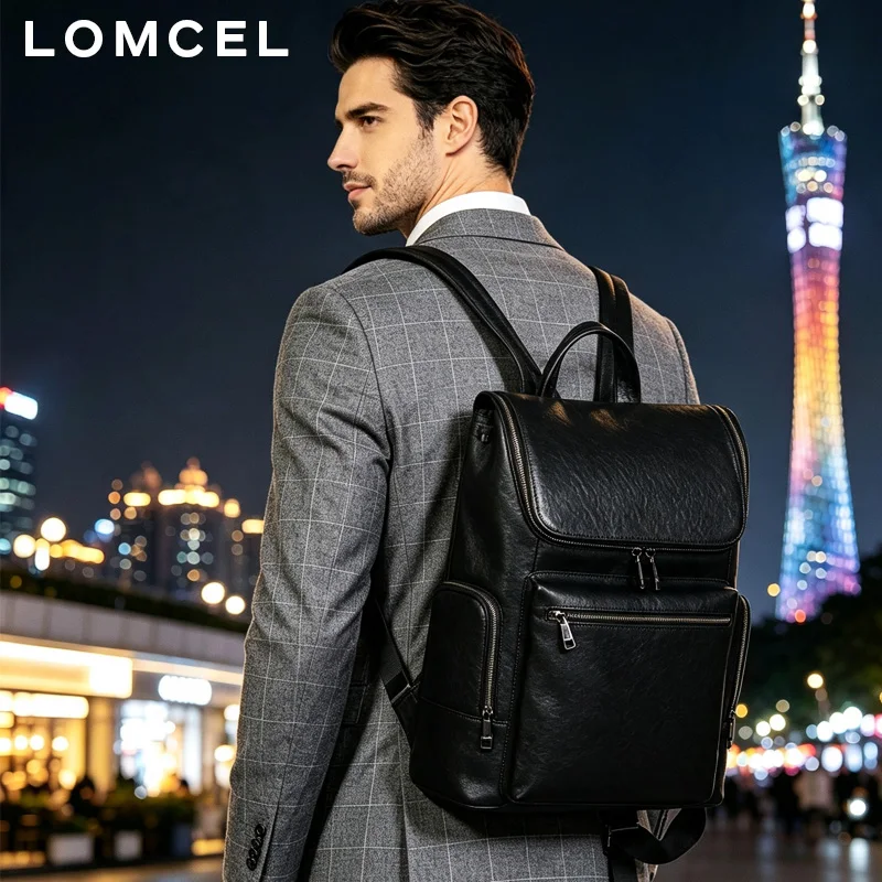 LOMCEL 46 Leather-tanned men's double-shoulder bag - pure color, fashionable flip-top backpack, large capacity, multi-functional