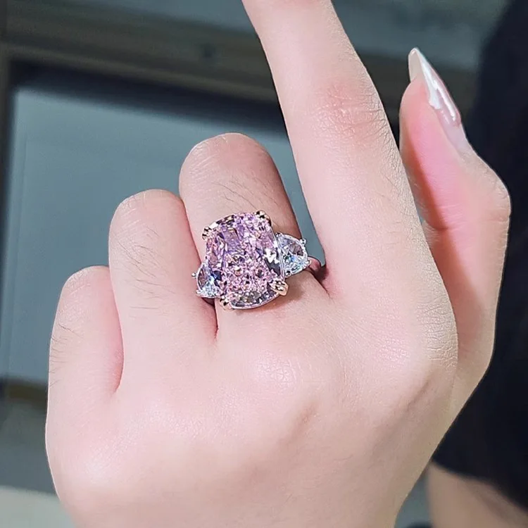 S925 Sterling Silber Ring Mode Leichter Luxus Kissenförmiger Quadratischer Diamantring Hochkarätiger Diamant Rosa Zirkonium Verlobungsring – Detail 9
