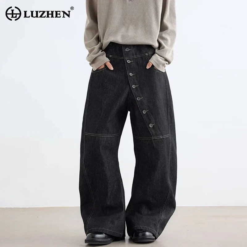 LUZHEN 2025 Nieuwe Originele Dichtgeknoopt Versieren Asymmetrisch Ontwerp Rechte Denim Broek Herenmode Knappe Losse Mannelijke Jeans JY3657