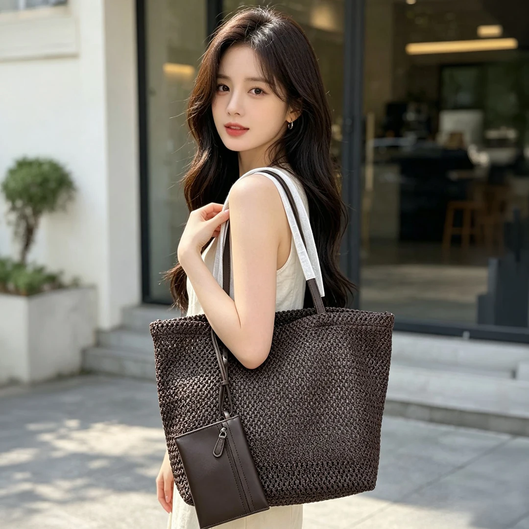 Mendy Woven Shoulder Tote Women Leather Strip Weaving Straw Handbag Minimalist Designer Luxury Daily Work Purse Big Size Large