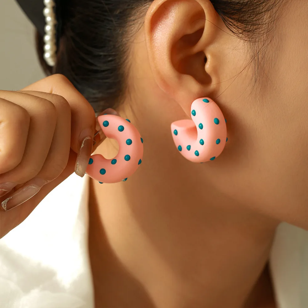 New Colorful Epoxy Resin Dangle Earrings For Women Stainless Steel Cartoon Speckles C Shape Chunky Earrings Women Jewelry