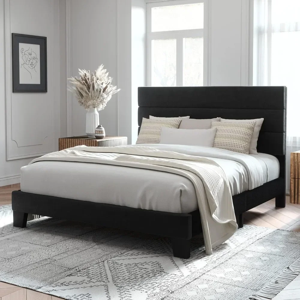 Platform Bed Frame with Velvet Upholstered Headboard and Slats Support, Upholstered Mattress Foundation/No Box Spring Needed