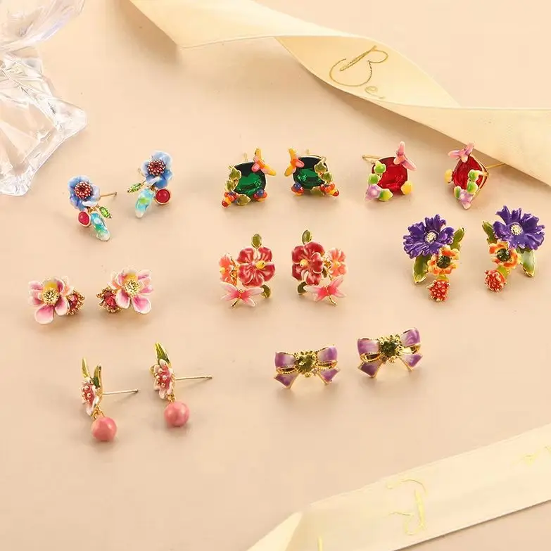 Colorful Enamel Flower Stud Earrings for Women Elegant Floral Petal Crystal Hypoallergenic Drop Earrings Jewelry Gift for Her