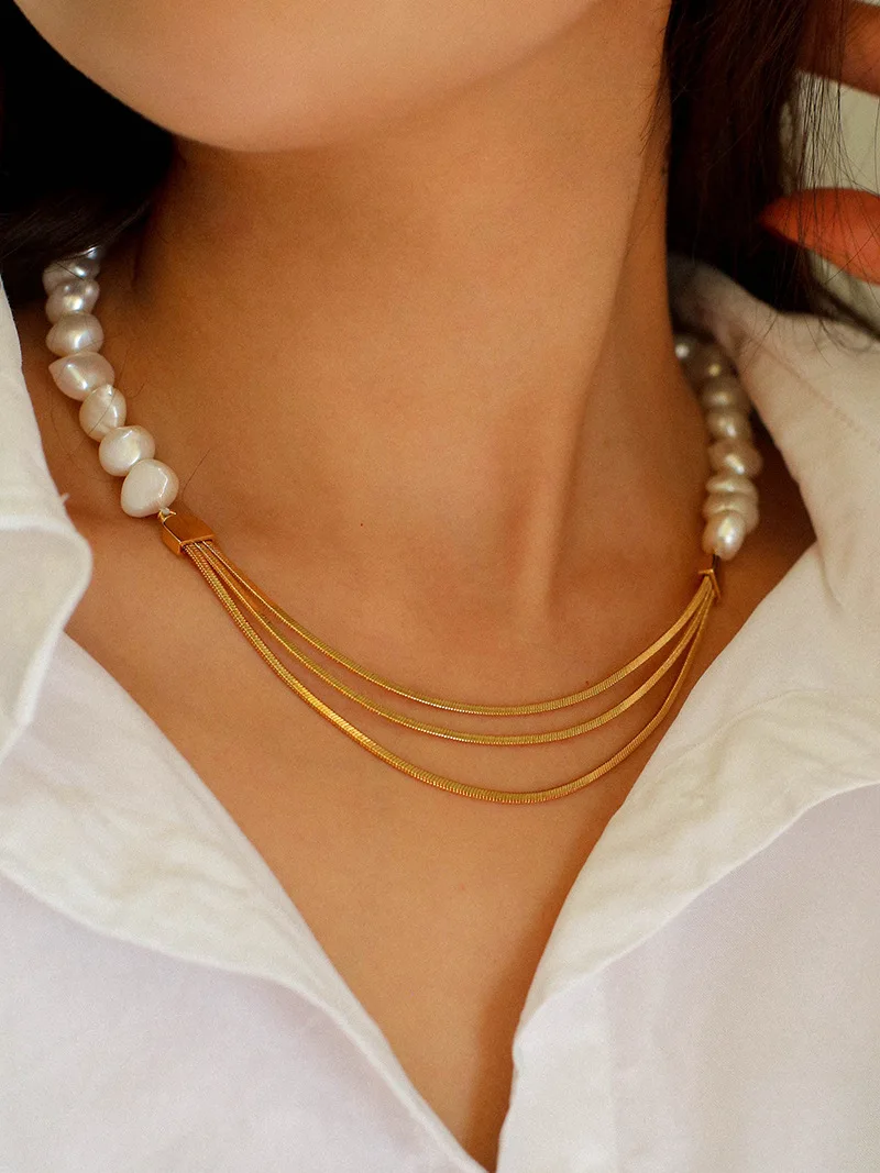 

Brass Layered Snake Chian Natural Pearl Necklaces Women Jewelry Punk Hiphop Designer Runway Gown Boho Top Japan