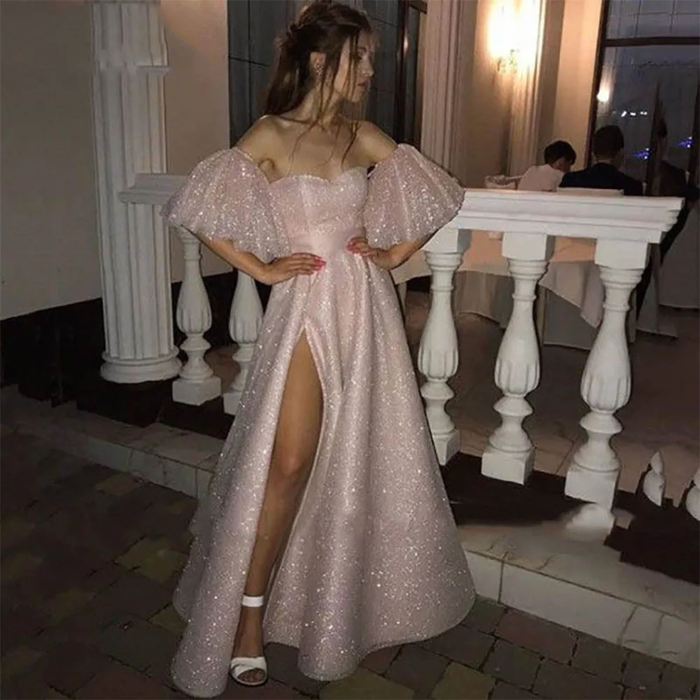 

Angelsbridep Short Puff Sleeve A-Line Prom Dresses Robes De Soirée Sparkly Backless Women Evening Gowns With Side Split