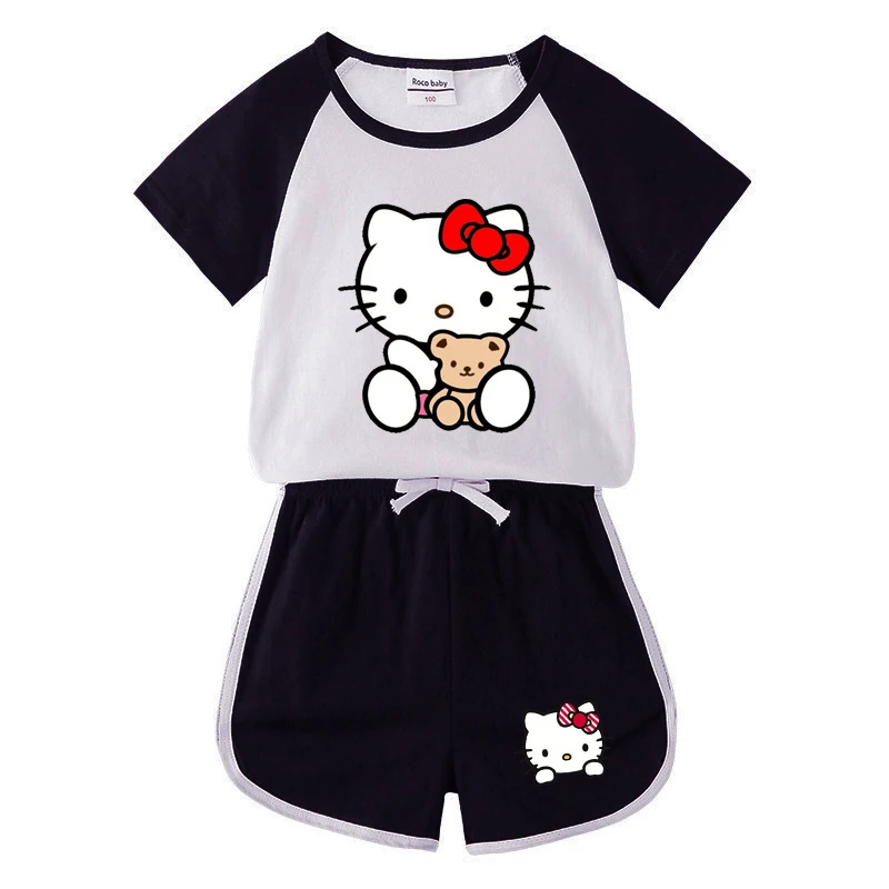 Hello Kitty Printed Kids Short Sleeve Suit 2024 Girls Summer Clothing Cartoon T-shirt Shorts 2pc/set Children\'s Wear Tracksuits