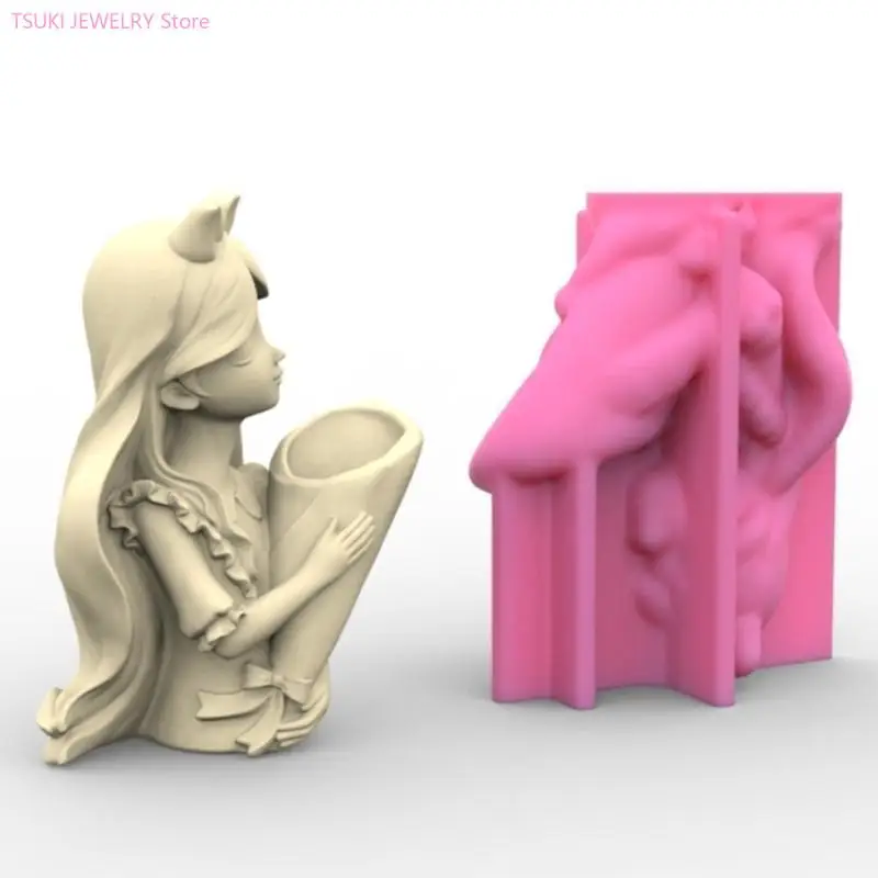 

Girl Holding Flowers Statue Plant Pot Silicone Mold Succulent Planter Vase Resin Mold Planter Making Mold DIY Home Use