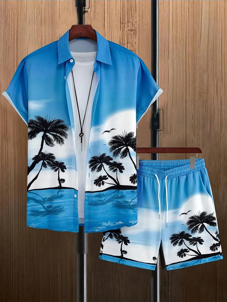 Hawaiian vacation casual shirt men\'s beach party shorts men\'s summer short sleeved shirt and beach shorts set fashionable men