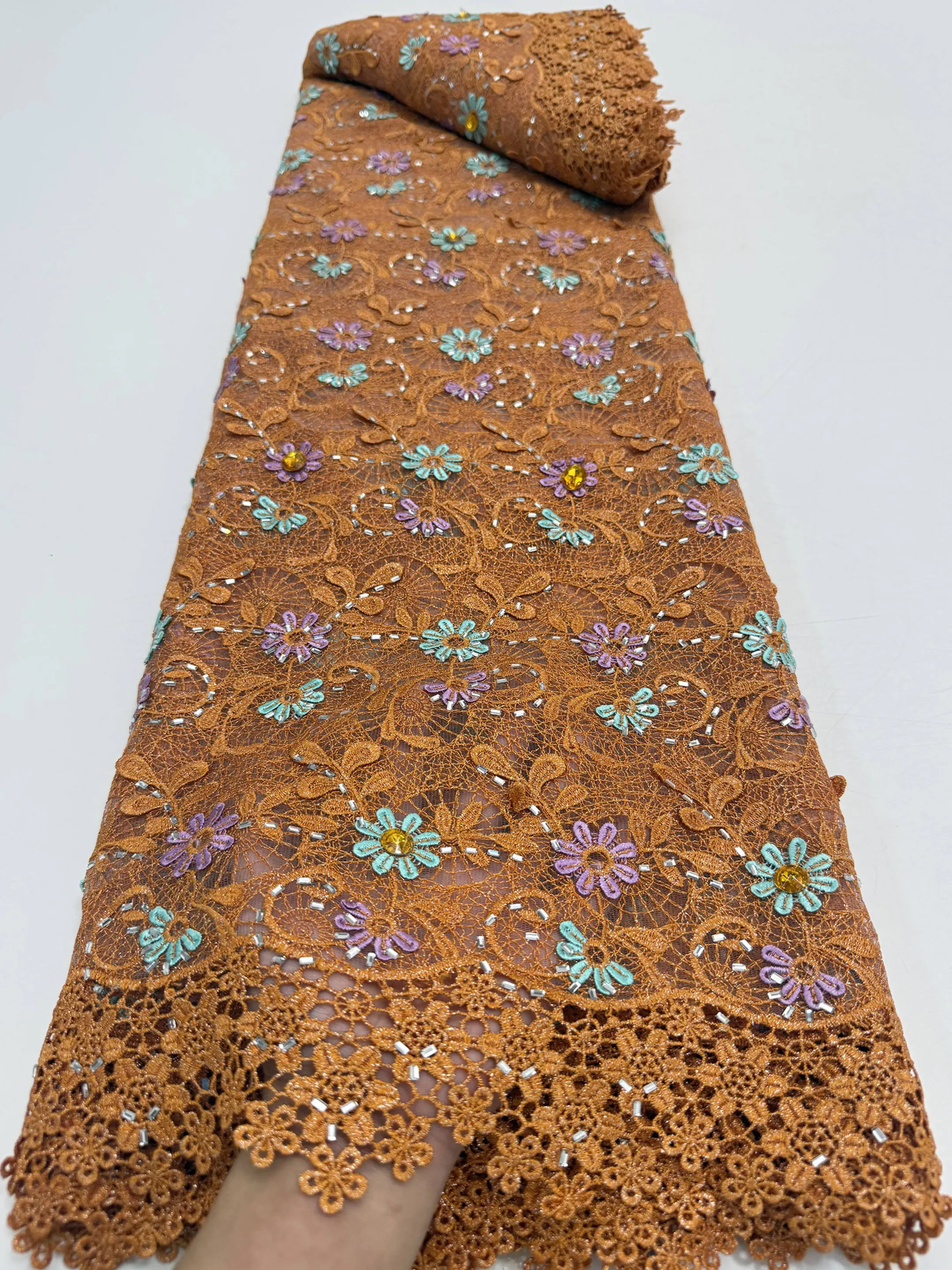 

Luxury Nigerian Mesh Orange 3D Flower Peacock Feather Lace Fabric African Asoebi Heavy 3D Sequin Beaded for Wedding Dress M405-1
