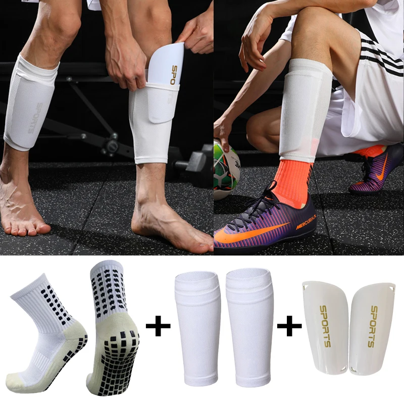 A Set Sport Equipment Anti Slip Soccer Socks Football Shin Guards Calf Sleeves With Pocket  Adult Kids With Leg Shinguards Gear