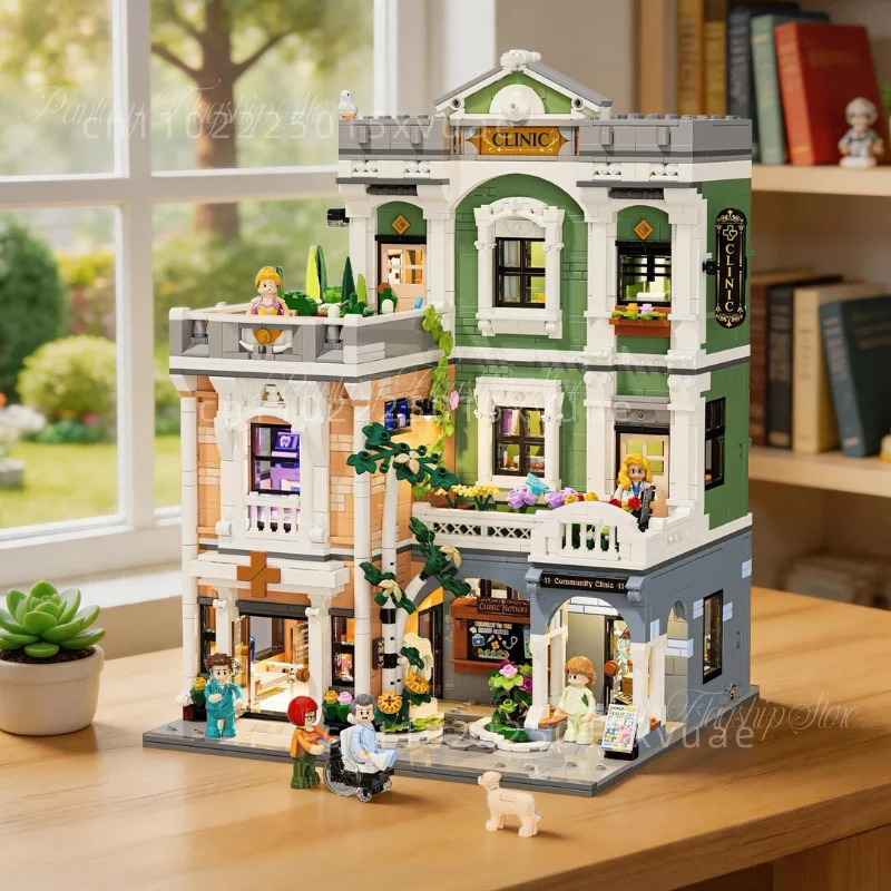 New Tree-lined Clinic Street View Building Blocks Small Town Series City Building Assembly Models All-Printed Items Holiday Gift