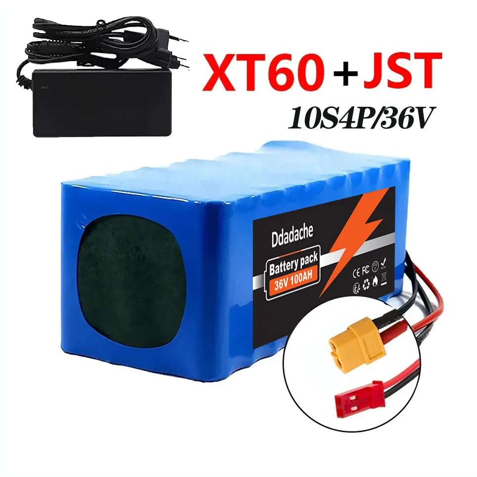 10S4P 100Ah lithiumbatterij, 36V grote capaciteit, gebruikt voor fietsen en elektrische scooters, inclusief BMS XT60-aansluiting en oplader