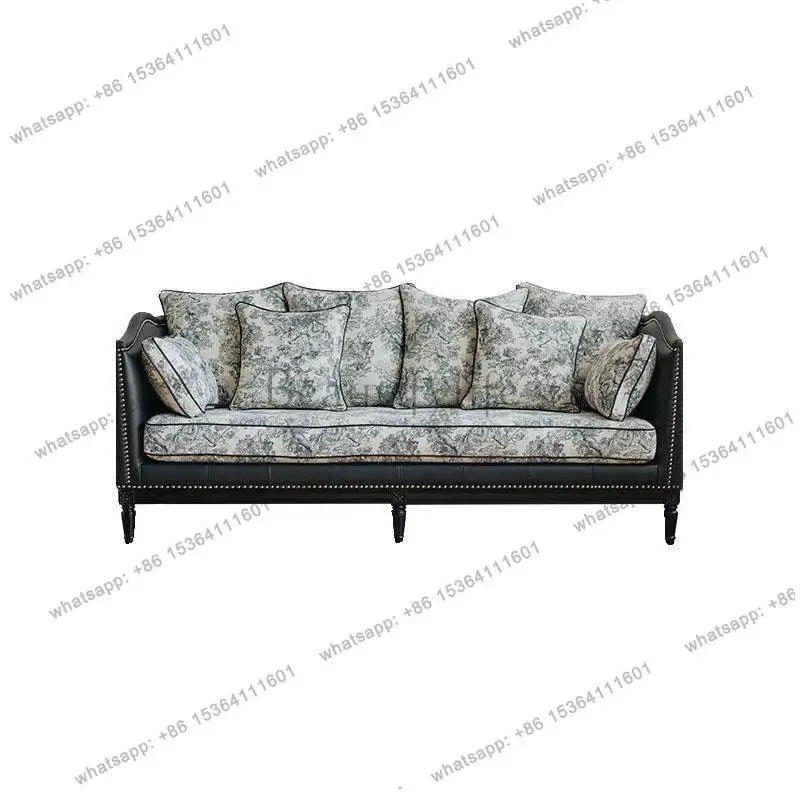 French retro living room three-person sofa American country solid wood fabric