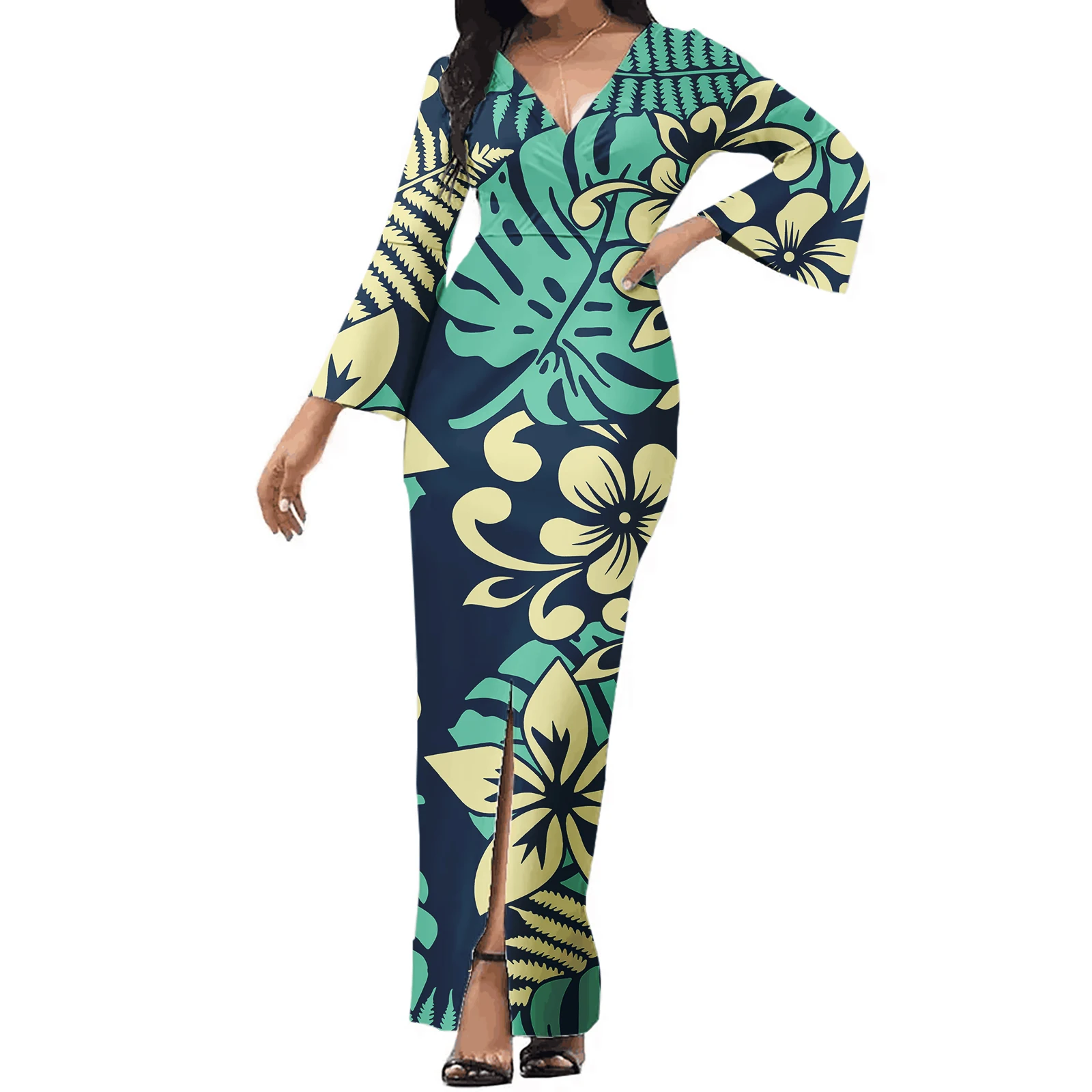 Print On Demand Long Sleeve Polynesian Dress Bodycon Formal Fall Trendy Night Plus Size Women\'s Hawaii Dresses