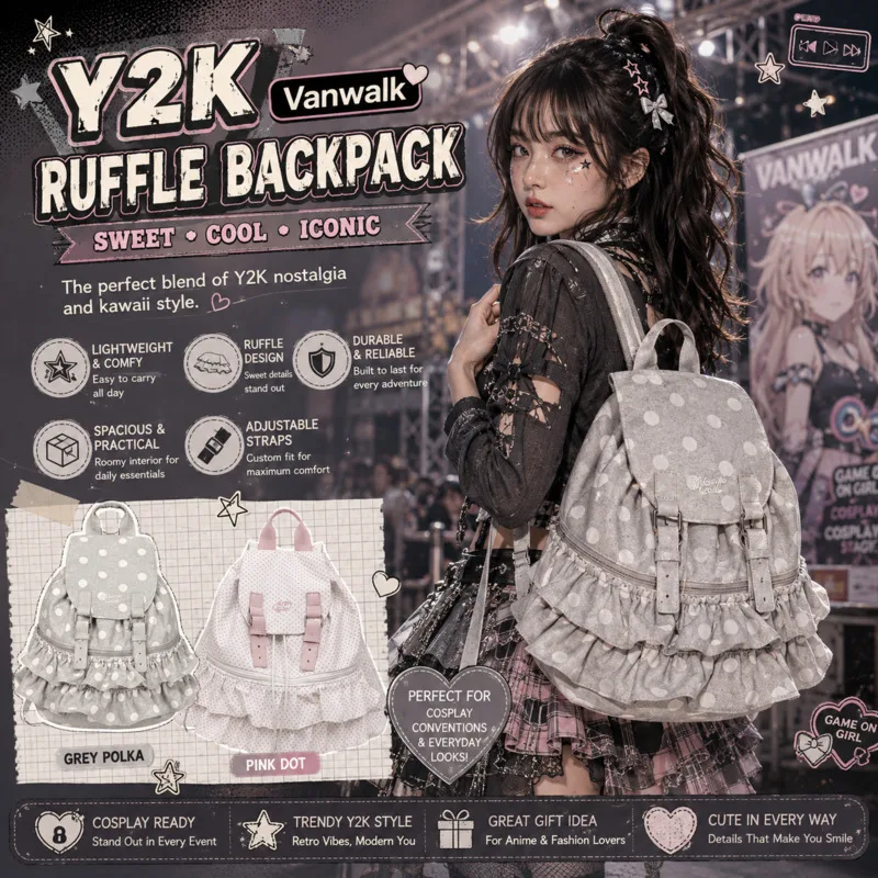 Kawaii Backpacks Large Capacity Ruffle School Bag Polka Dot Travel, Shoulder Bag Cute Girls Student, Bookbag Pink Casual Daypack