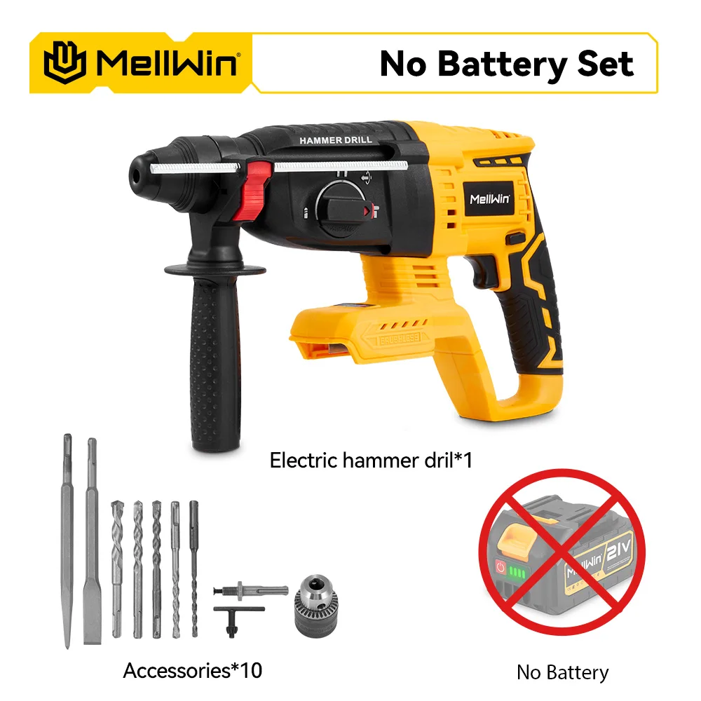 MELLWIN 1680W Borstelloze Elektrische Hamerboor 26MM Draadloze Roterende Slaghamer Houtbewerking Power Tool Voor 21V 18V batterij