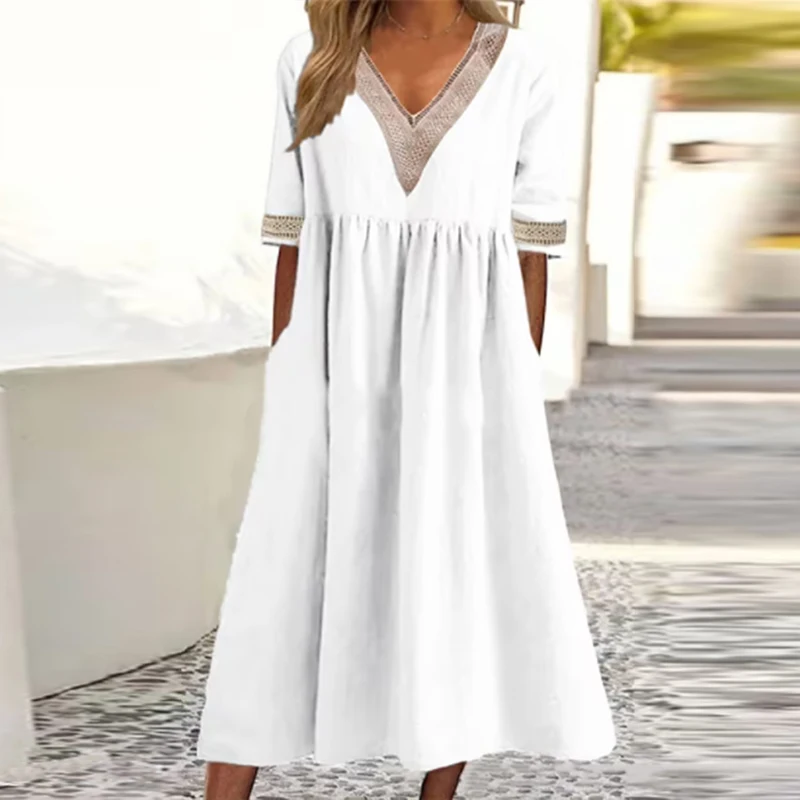 Women Elegant V-neck Party Dress Summer 2023 Fashion Solid Half Sleeve Cotton Linen Long Dress Ladies Casual Loose Dress