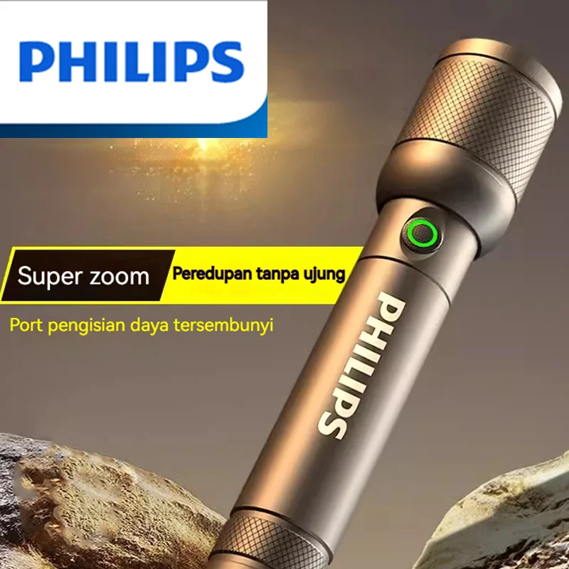 Philips-Lanterna Óptica com Zoom, Lanterna Portátil com 4 Modos de Iluminação, USB C, Recarregável para Autodefesa, Camping